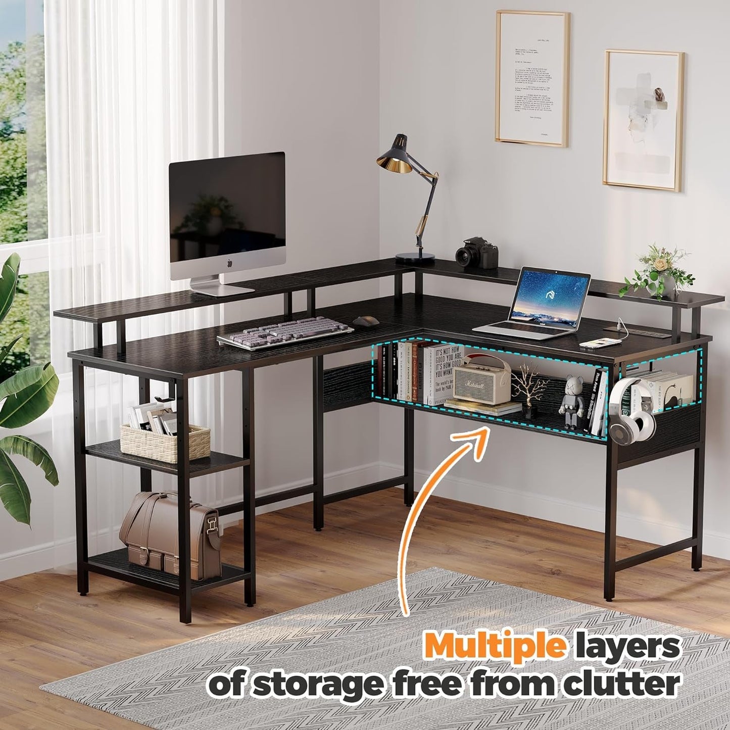 Computer Desk L Shaped 56.7" with LED Lights and Power Outlets, Reversible L Shaped Gaming Desk with Monitor Stand, Home Office Desk with Storage, Desk with USB Port and Hook, Black-4