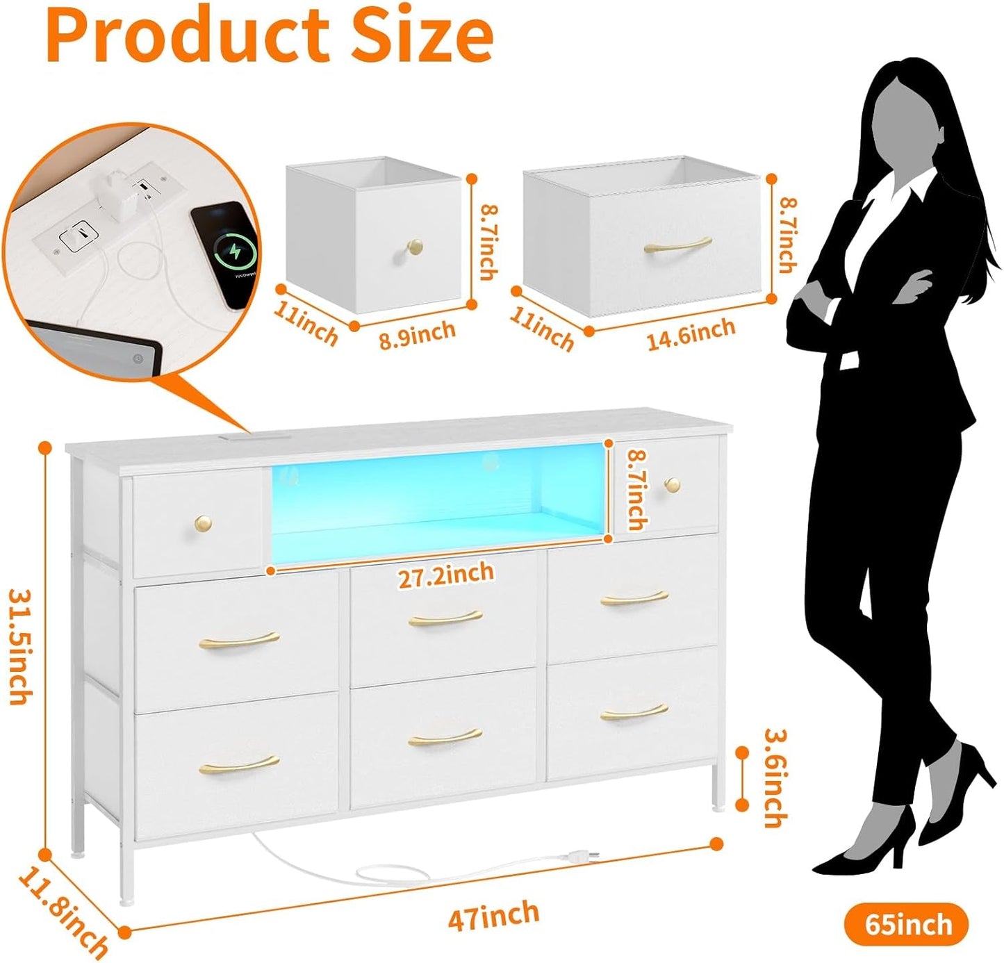 Dresser for Bedroom with Power Outlets and LED Lights, White 55" TV Stand with 8 Drawers, Fabric Chest of Drawers with PU Finish for Living Room, Entryway-2