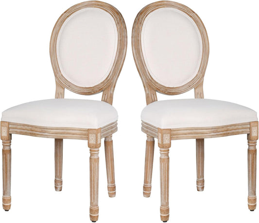Dining Chairs Set of 2 Beige Fabric Square Back with Solid Wood Legs and Frame for French Country Kitchen Dining Room-0