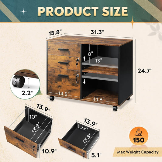 3-Drawer Wood File Cabinet with Lock, Mobile Lateral Filing Cabinet, Printer Stand with Open Storage Shelves for Home Office, Rustic Brown-1