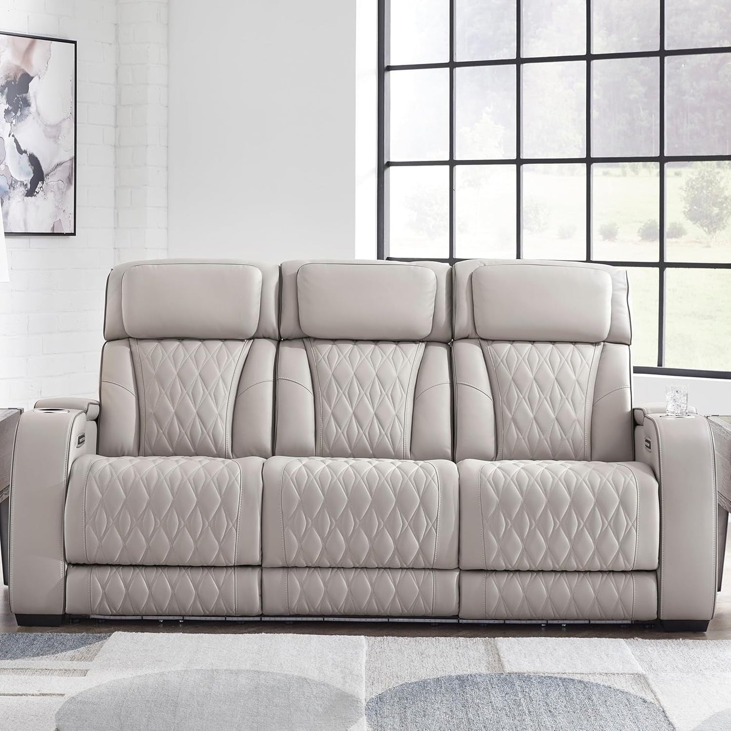 Boyington Contemporary Leather Match Power Reclining Sofa with USB Charging Ports, LED Lights and Adjustable Headrest, Light Gray-1