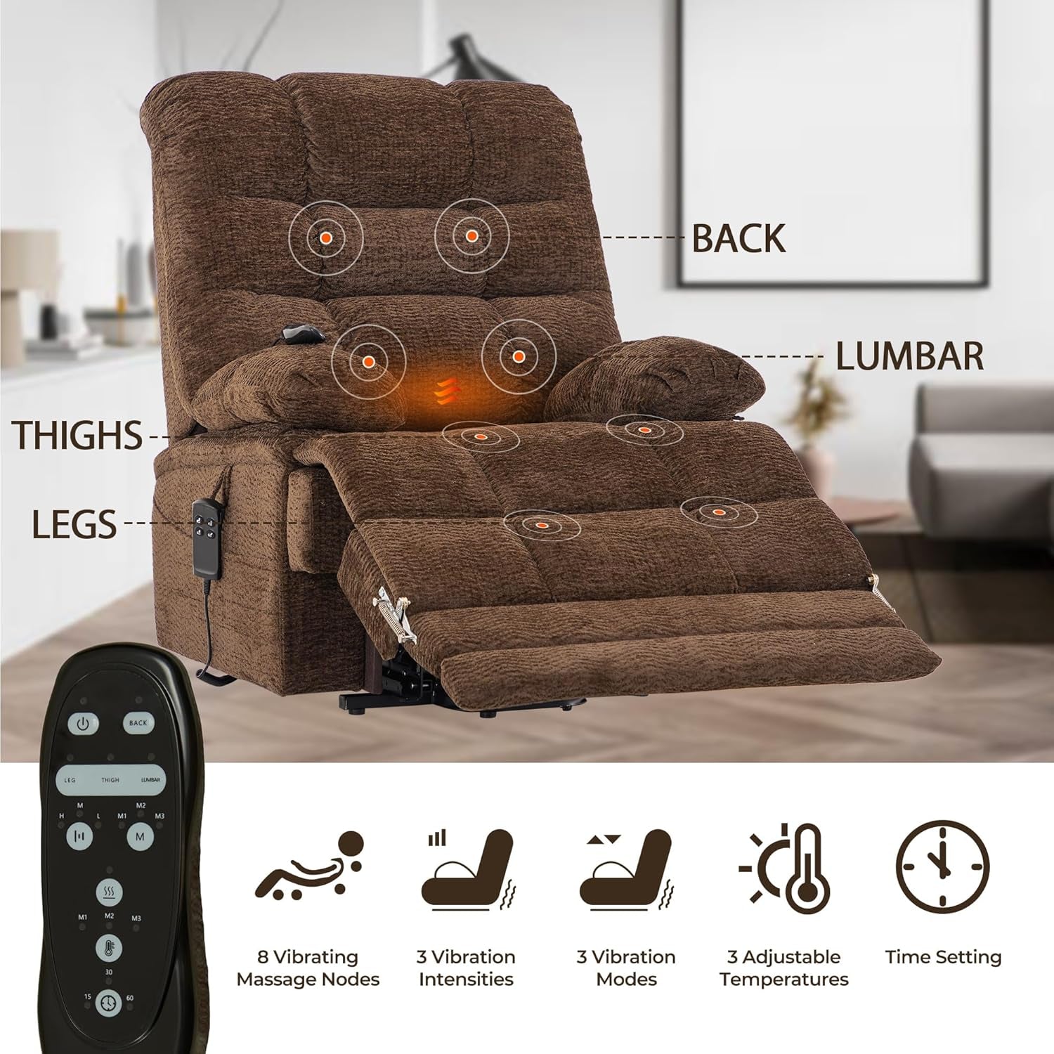 Big Tall Man Power Lay Flat Lift Recliner Extra Large Oversized Wide Heat Massage Dual Motor Recliners up to 400 LBS Electric Chairs,9205L Extended Footrest(Chenille Brown)-4