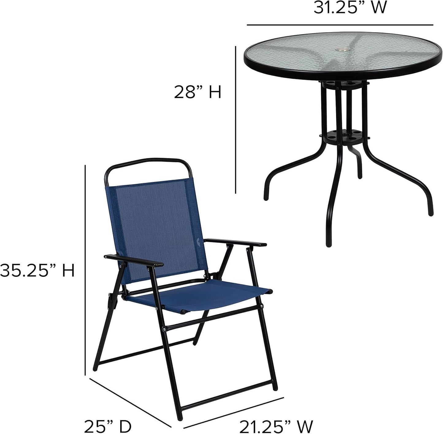 6 Piece Navy Patio Garden Set with Table, Umbrella and 4 Folding Chairs-3