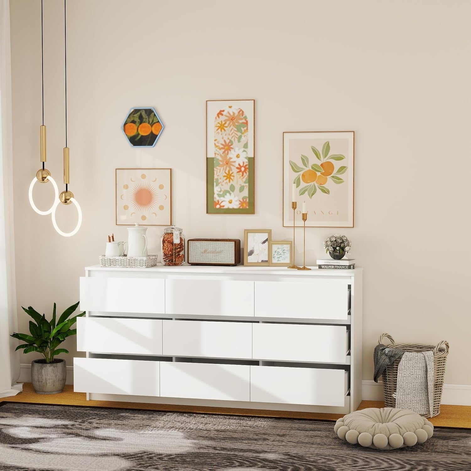 Modern 9 Drawer Wood Dresser for Bedroom, Large Floor Storage Drawer Cabinet Lateral Chest of Drawers Handle Free Organizer for Closet Living Room (White, 9 Drawer)-3