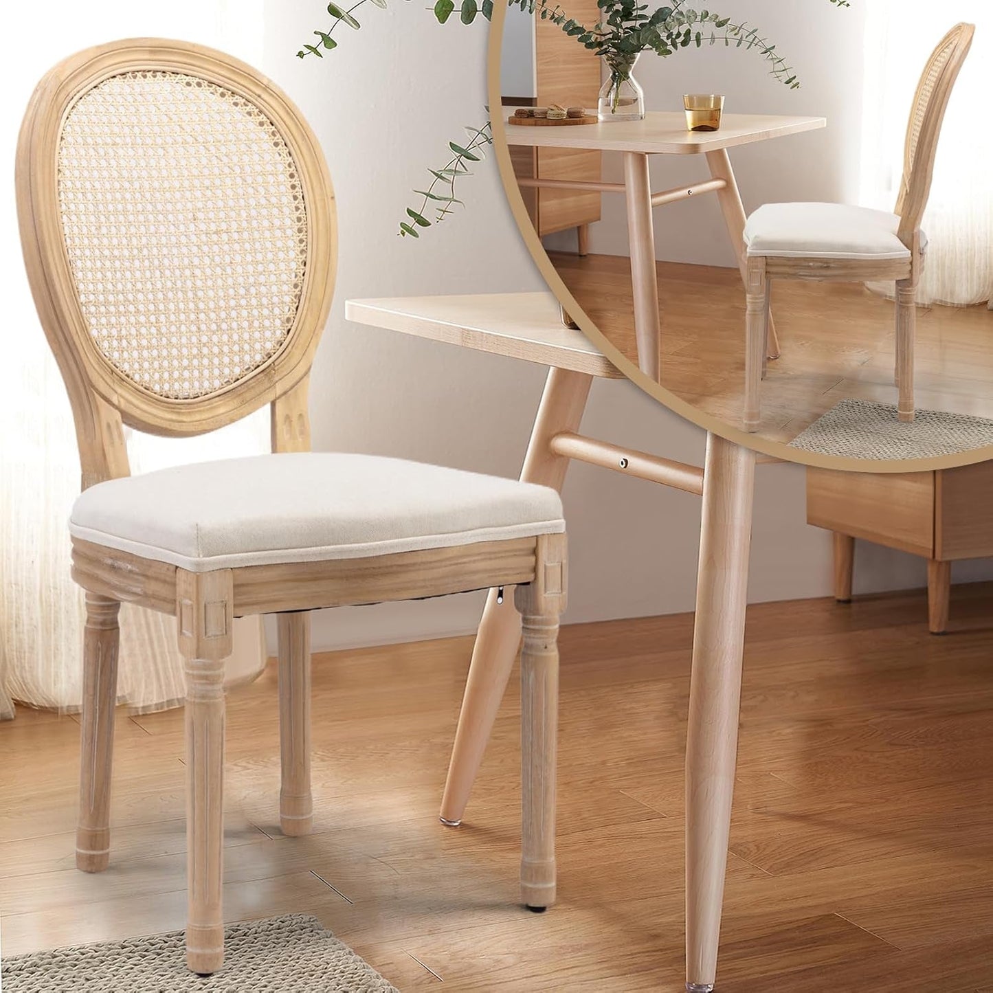 Rattan Back Upholstered Dining Chairs Set of 6 French Country Oval Kitchen Side Chairs with Wood Legs for Dining Room, Kitchen, Restaurant(Beige-Rattan)-3
