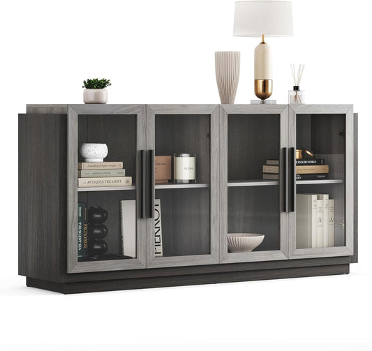 Sideboard Buffet Cabinet, Modern Wood Glass-Buffet-Sideboard with Storage, Console Table for Kitchen, Dining Room, Living Room, Hallway, or Entrance - Brixston (Grey)-0