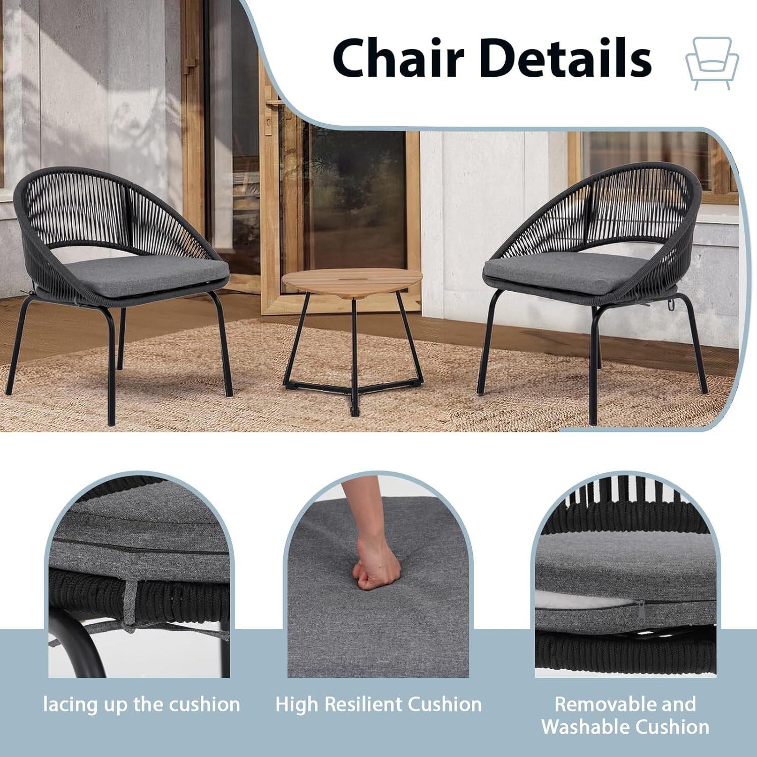 Patio Furniture Set, 3 Piece Outdoor Bistro Chair Conversation Sets Woven Rope with Wood Coffee Table for Yard Backyard Lawn Garden Porch Backyard Deck Poolside Balcony-2