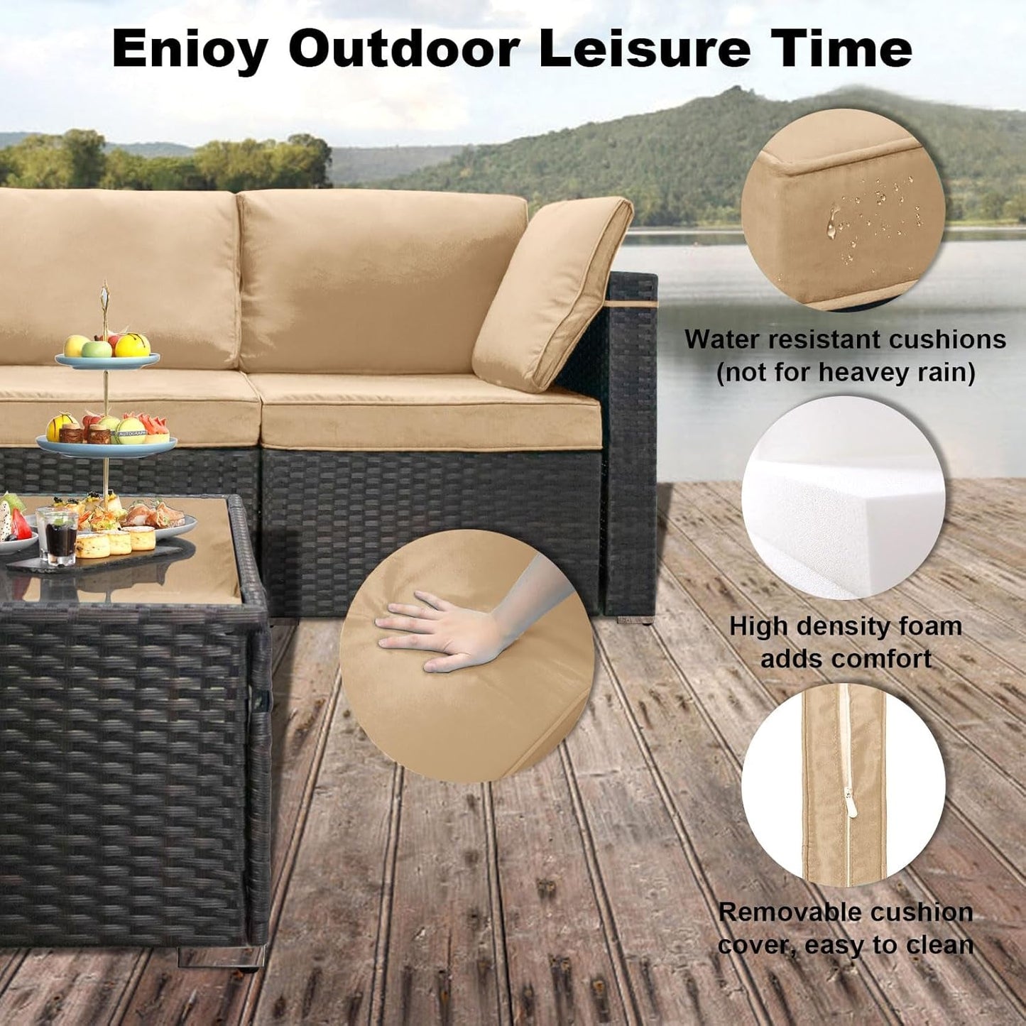 7 Pieces Outdoor Patio Furniture Sets,Rattan Conversation Sectional Set,Manual Weaving Wicker Patio Sofa with Tea Table-2
