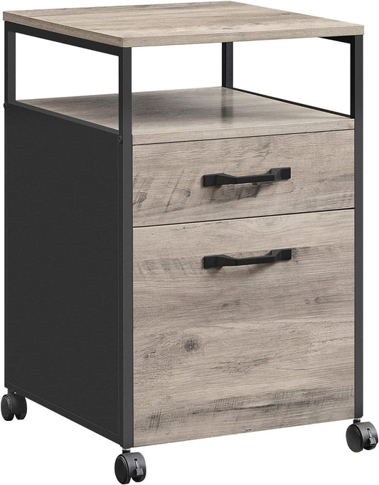 File Cabinet, Mobile Filing Cabinet with Wheels, 2 Drawers, Open Shelf, for A4, Letter Size, Hanging File Folders, Heather Greige and Ink Black UOFC071B02-0
