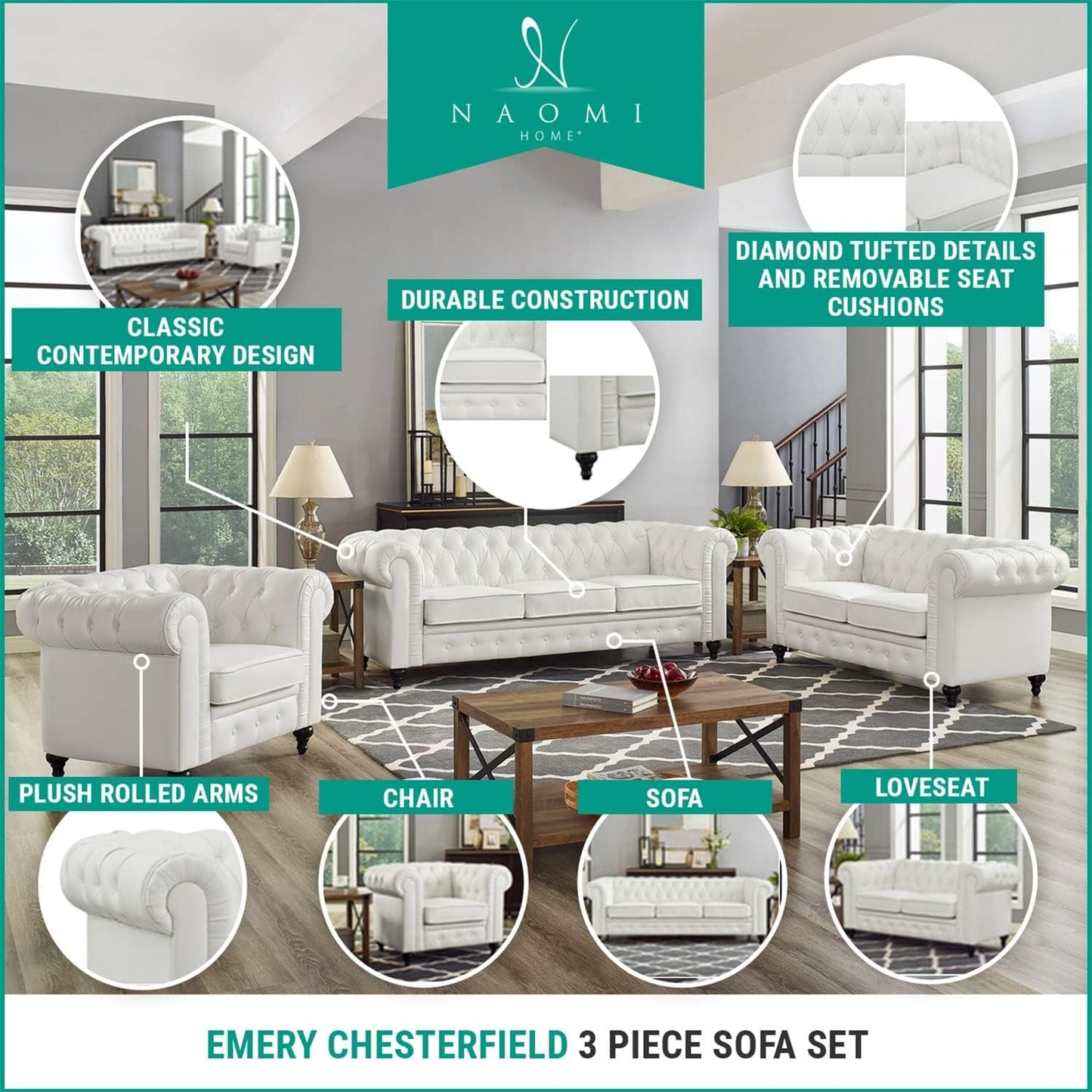 Emery Chesterfield 3 Piece Living Room Sectional Sofa Set with Rolled Arms, Tufted Cushion Sofas for Living Room Set Includes Sofa, Loveseat Couch, Accent Arm Chair / Easy Tool-Free Assembly – Gray-2