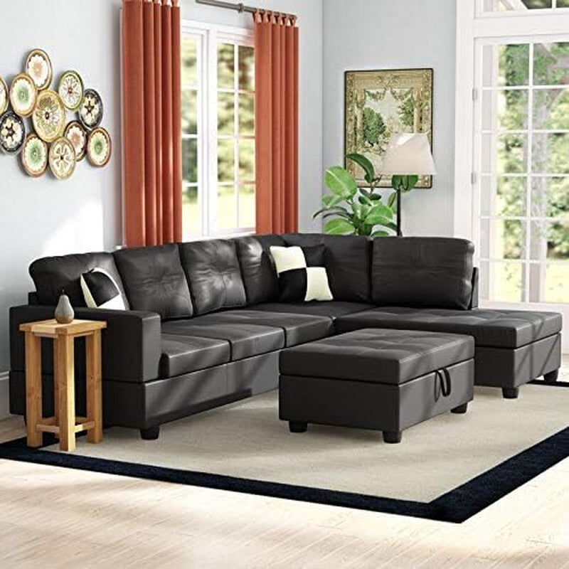 Ainehome 3 PCS Living Room Set, Sectional Sofa Set, L-Shape Couch in Home, with Storage Ottoman and Matching Pillows (Left Hand Facing,Black)-4
