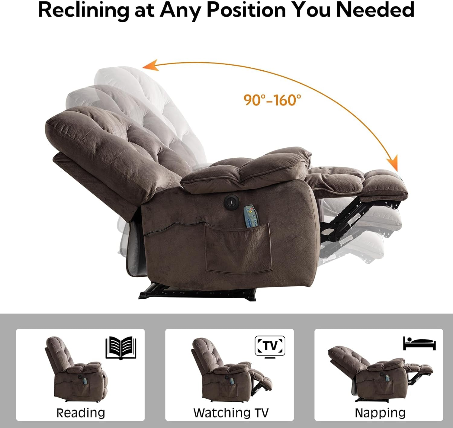 Oversized Power Recliner Chairs with Massage and Heat, 41" Wide Electric Reclining Chair with USB Port, Breathable Fabric Overstuffed Reclining Sofa for Living Room Bedroom (No Lift)-3