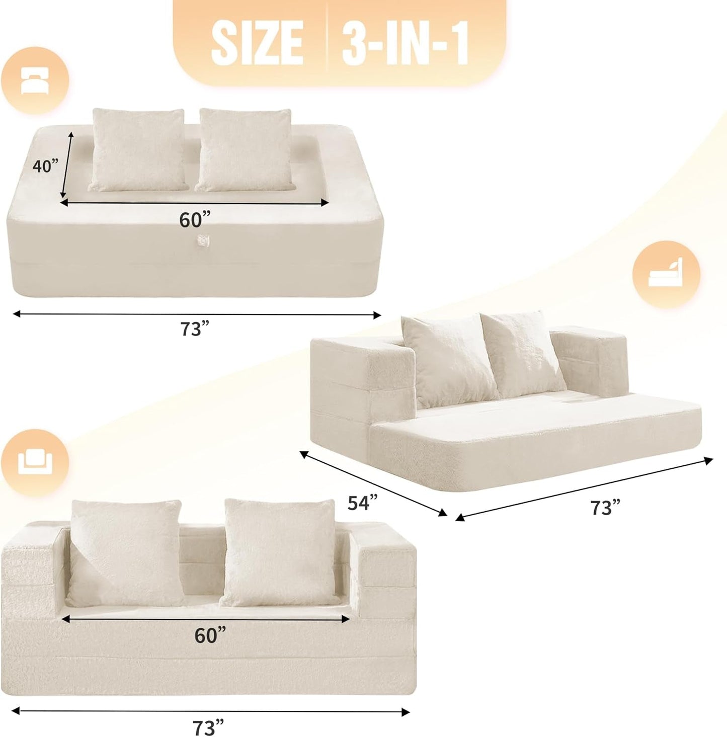 Milky White Large 3-in-1 Folding Bean Bag Couch-2