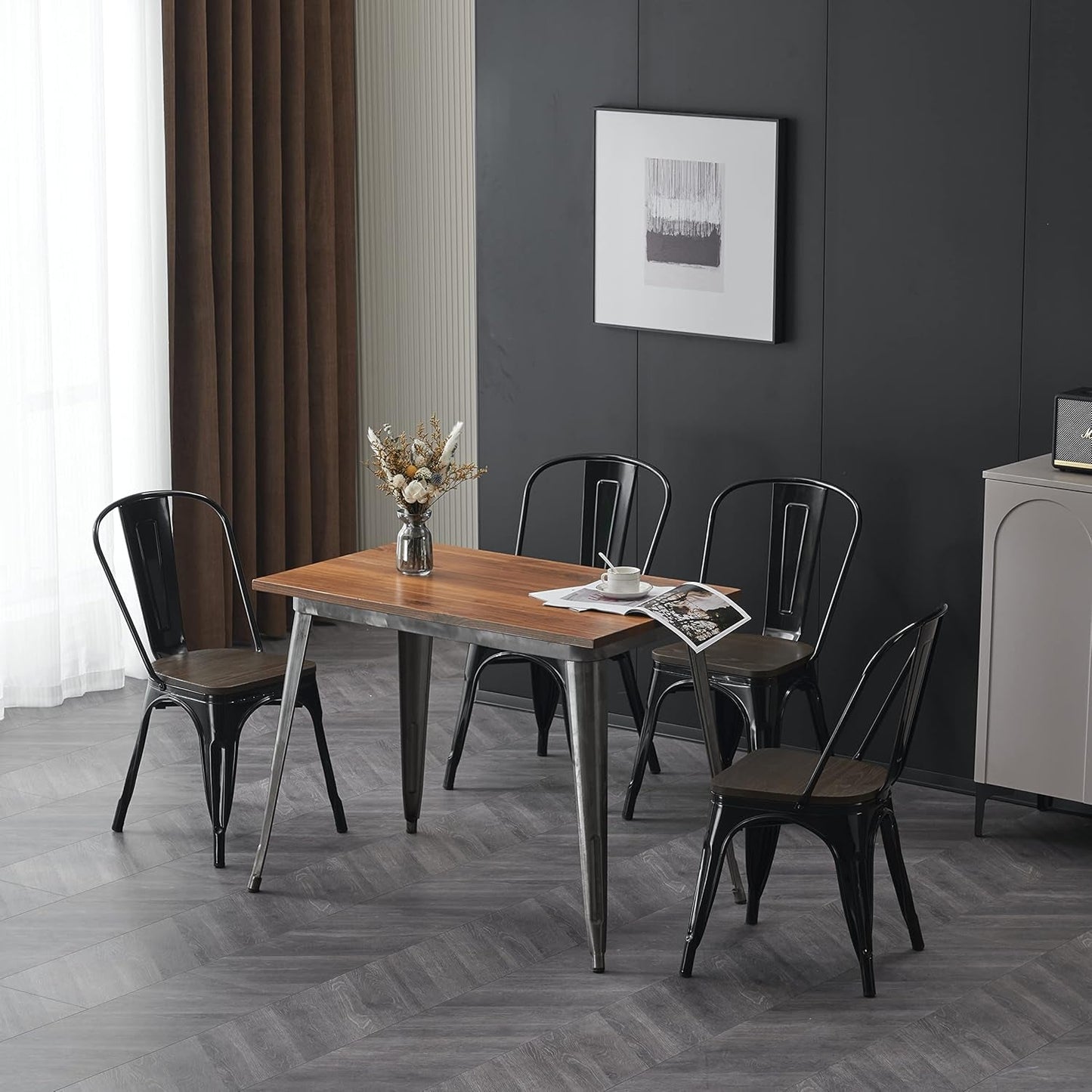 Metal Dining Chair Farmhouse Tolix Style for Kitchen Dining Room Café Restaurant Bistro Patio, 18 Inch, Stackable, Waterproof Indoor/Outdoor (Sets of 4) (Black with Wood Padding)-1