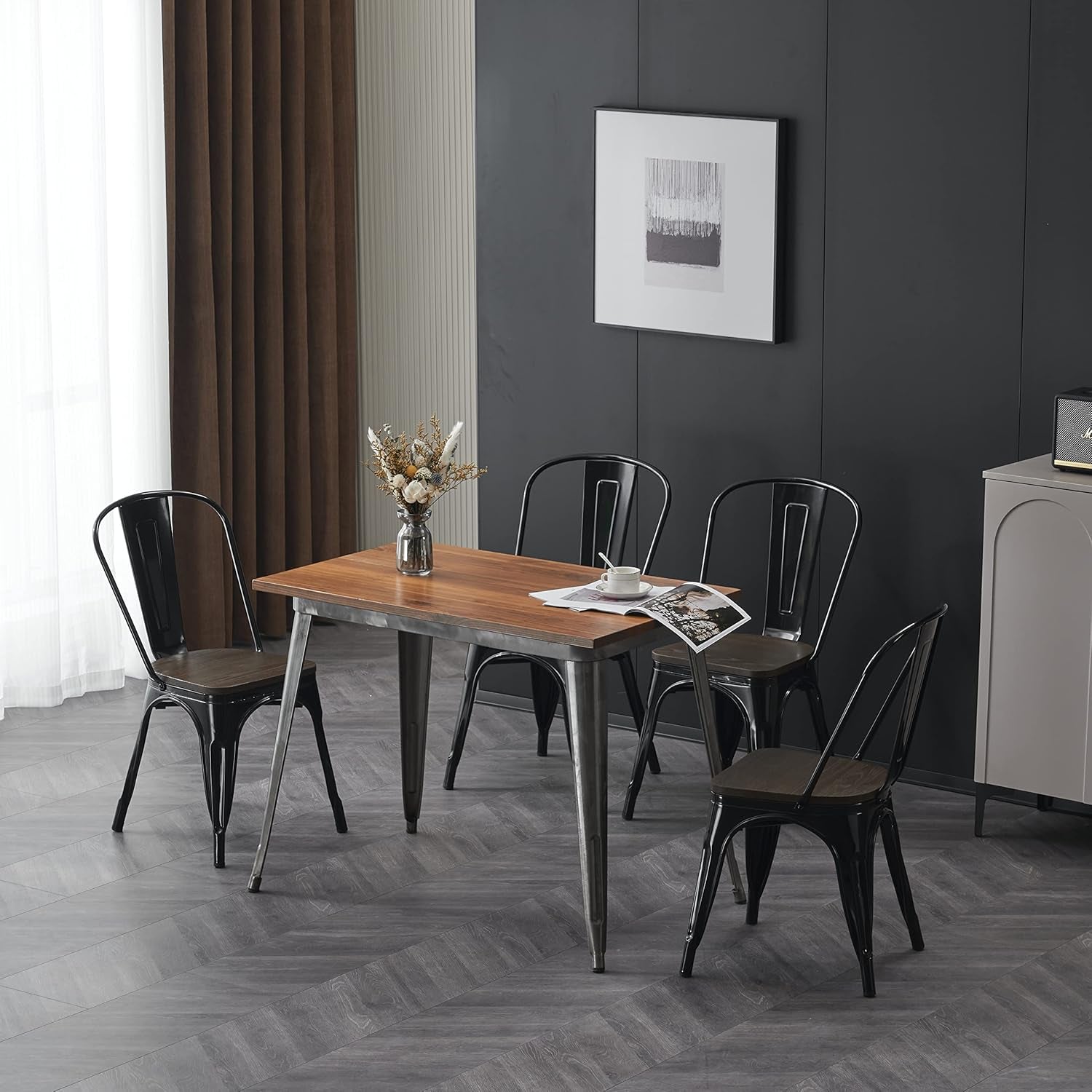 Metal Dining Chair Farmhouse Tolix Style for Kitchen Dining Room Café Restaurant Bistro Patio, 18 Inch, Stackable, Waterproof Indoor/Outdoor (Sets of 4) (Black with Wood Padding)-1