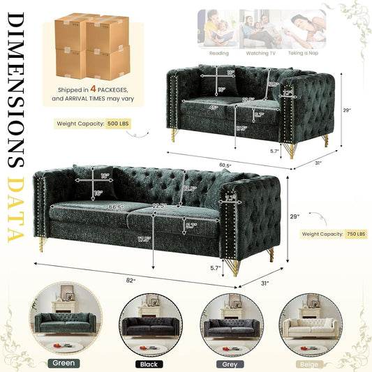 2 Pieces Chenille Living Room Furniture Sofa Couch Set,Button Tufted Comfy Couch with Nailhead Trim&Metal Legs,Mid Century Modern Couch and Loveseat Sets for Living Room(Loveseat+3 Seater Sofa,Green)-1