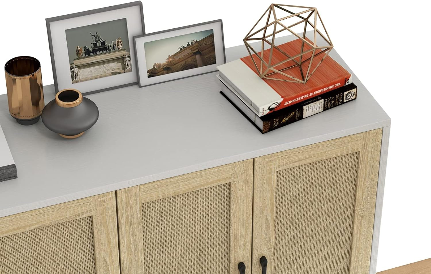 Buffet Storage Cabinet with Rattan Decorating 4 Doors Living Room Kitchen Sideboard 48.43 X 34.65 X 15 Inch (White)-4