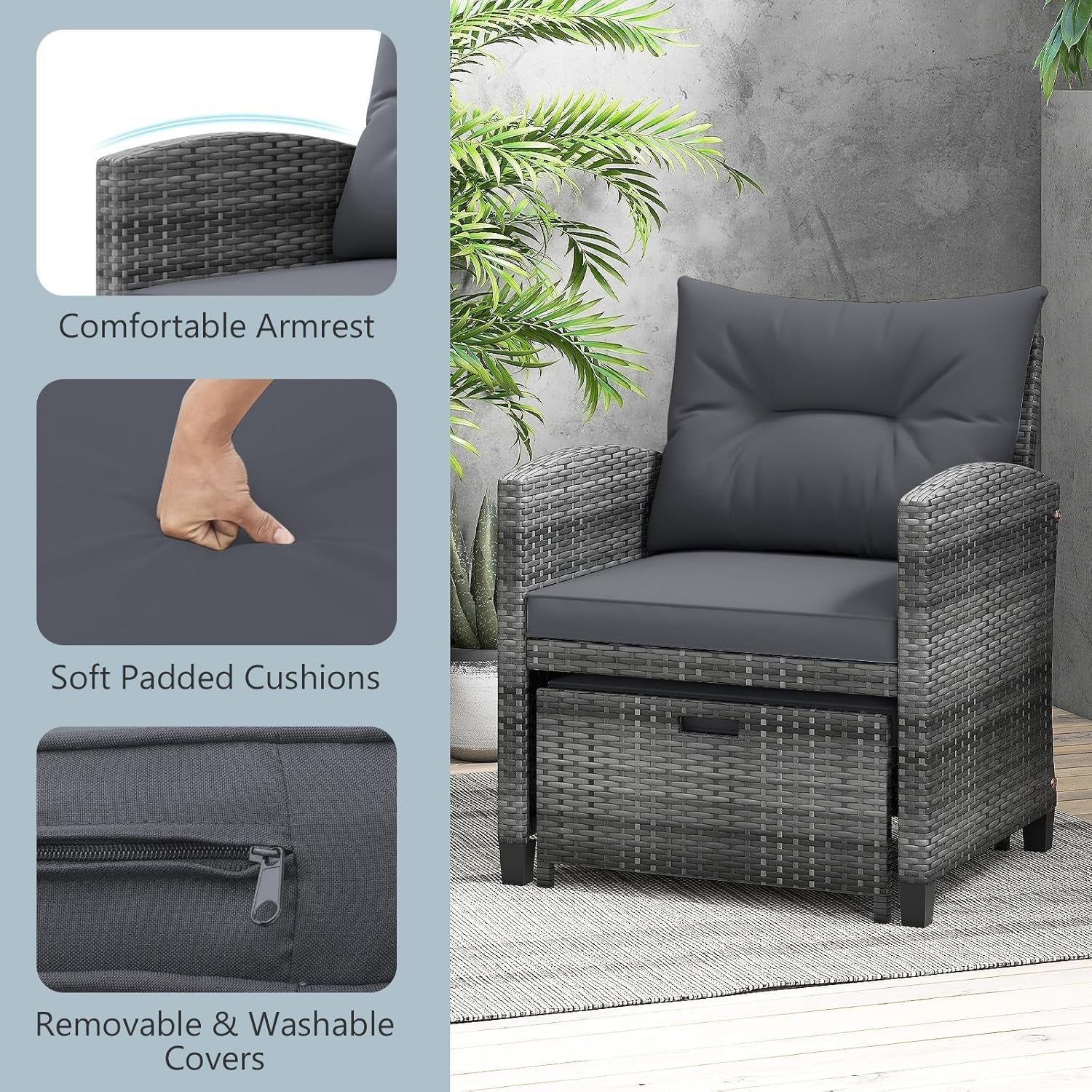 5 Pieces Patio Furniture Set with Ottoman, Wicker Conversation Set W/Cushions, Glass Coffee Table, Outdoor Lounger Rattan Chairs Bistro Set for Porch Balcony Garden Deck Poolside (Grey)-3