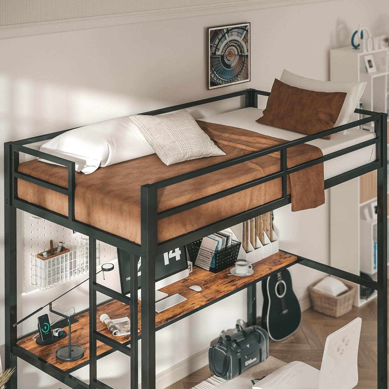 Loft Bed Twin Size with Desk, Metal Loft Bed Frame with Power Outlet and LED Lighted, Space-Saving, Noise Free, Black-3