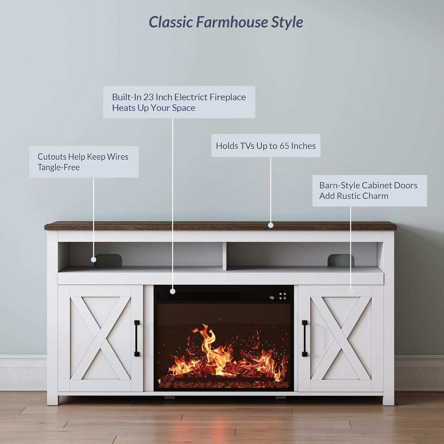 58" White Farmhouse Fireplace TV Stand for 65" TV-3
