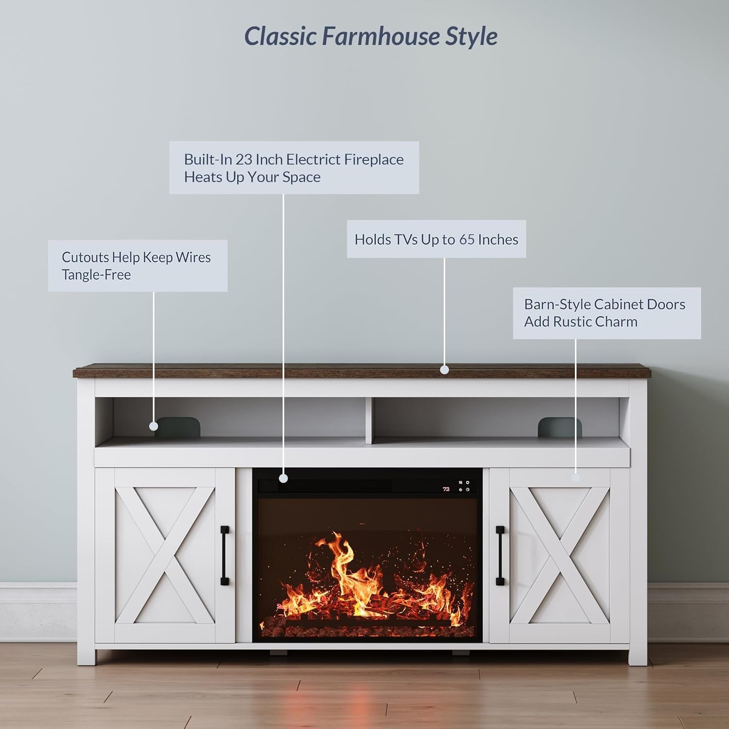 58" White Farmhouse Fireplace TV Stand for 65" TV-3