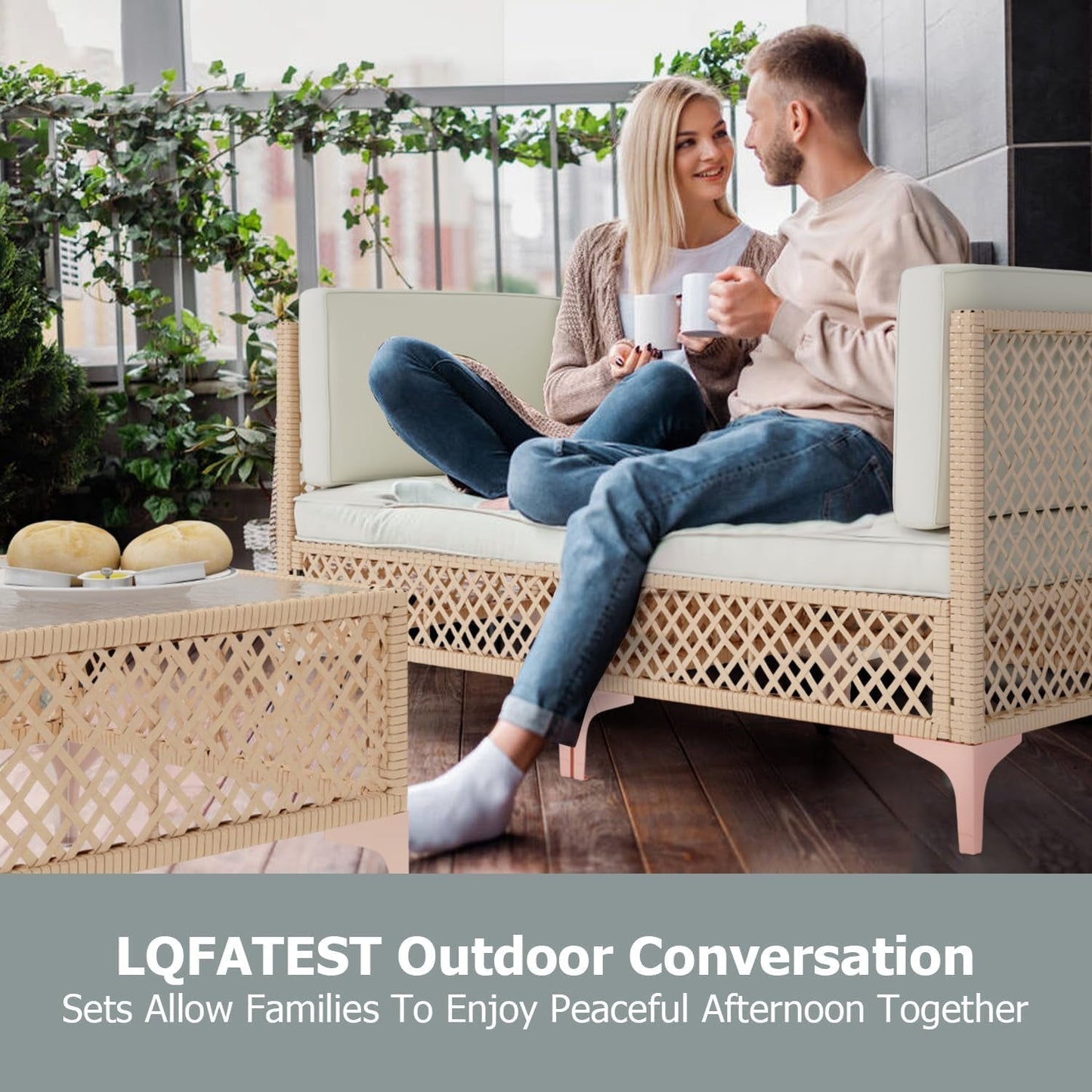 Wicker Outdoor Patio Loveseat , Bohemia Patio Sectional Furniture Set, All-Weather Rattan Patio Couch 2 Seater with Lumbar Pillows, Outdoor Sofa with Large Coffee Glass Table for Patio, Balcony-3