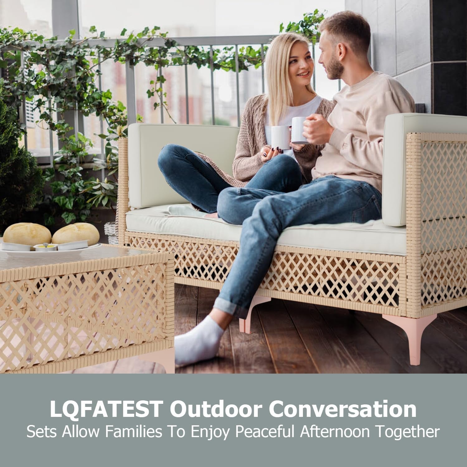 Wicker Outdoor Patio Loveseat , Bohemia Patio Sectional Furniture Set, All-Weather Rattan Patio Couch 2 Seater with Lumbar Pillows, Outdoor Sofa with Large Coffee Glass Table for Patio, Balcony-3