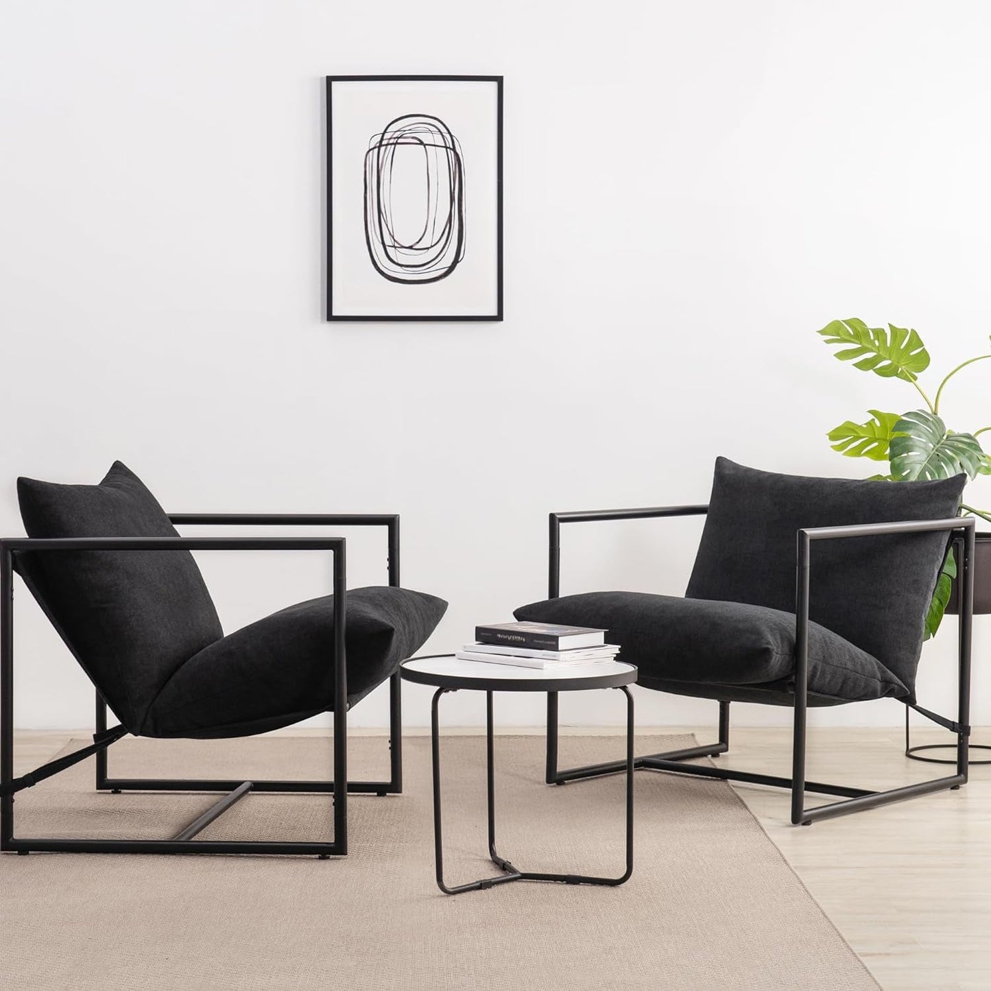 Aidan Sling Accent Chair, Pack of 2, Metal Framed Armchair with Shredded Foam Cushioning, Black-0