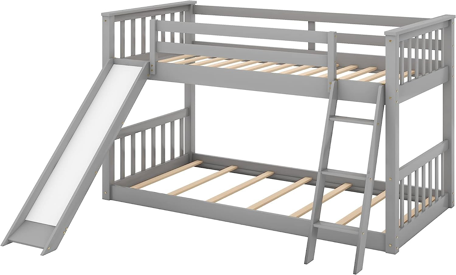 Grey Low Twin Bunk Bed with Slide and Ladder-4