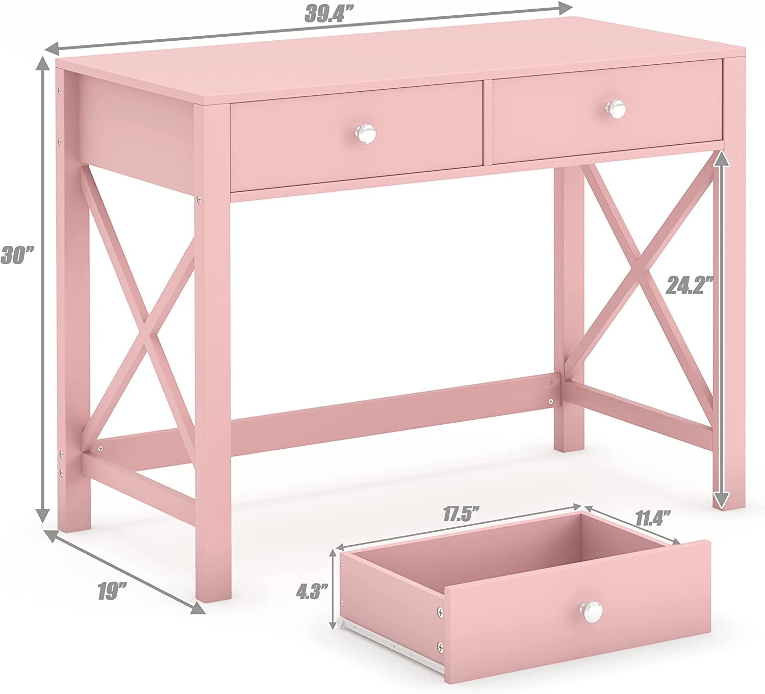 Pink Modern Writing Computer Desk with Drawers-2