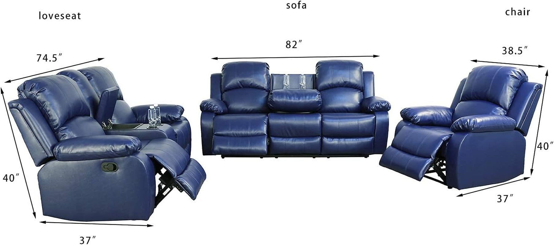 3 PCS Faux Leather Recliner Couch Set, Living Room Set, Sofa, Loveseat, Chair (Blue)-2
