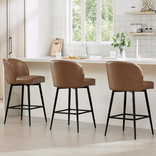 Counter Height Bar Stools Set of 3, 360° Swivel Upholstered Barstools with Backs and Metal Legs, 26" H Seat Height, Faux Leather in Saddle Brown-0