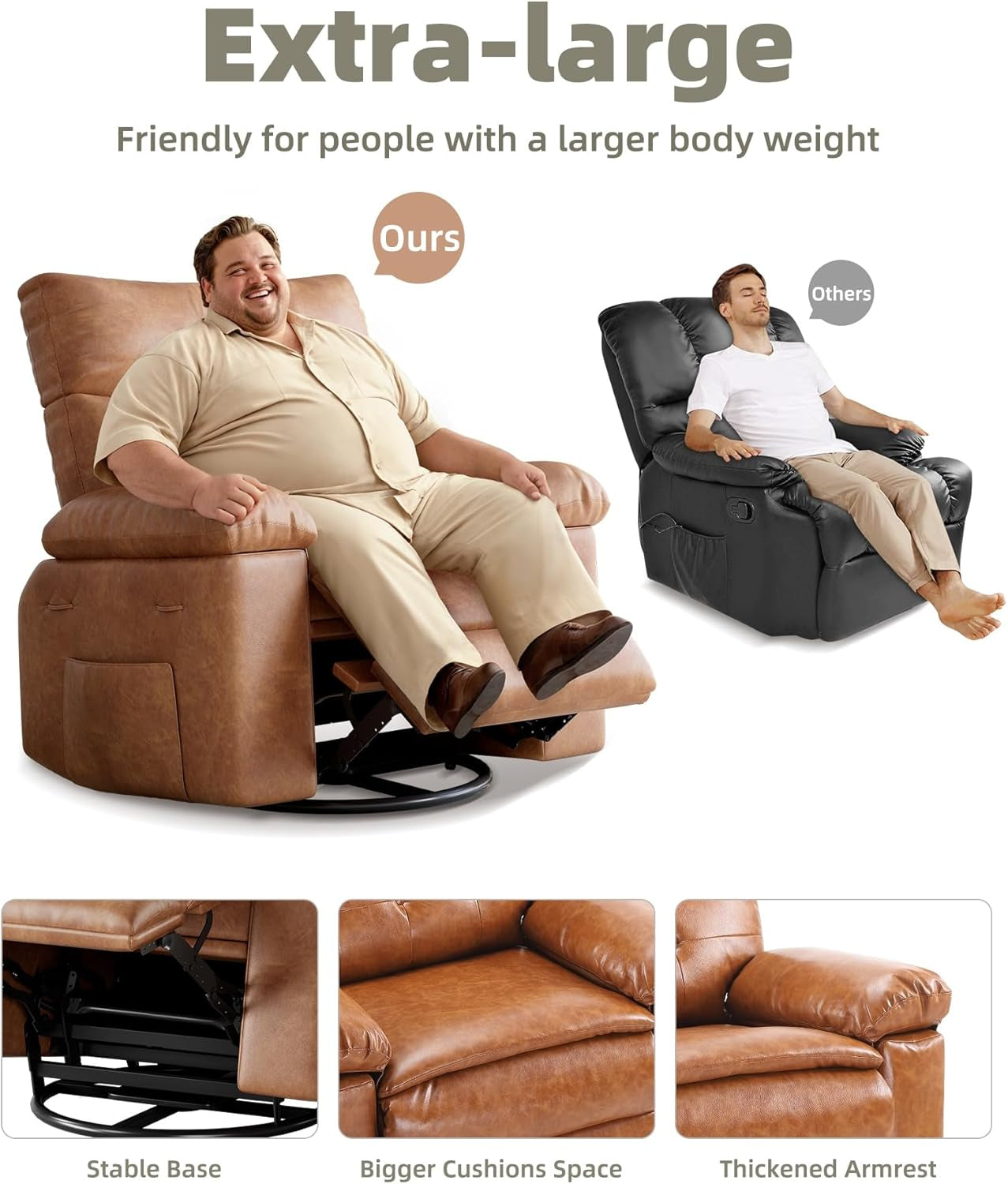 Oversized Wide Rocker Swivel Recliner Chair - PU Leather Large Manual Recliner for Adults, Comfort Lazy Chair with 1.5X Sponge Filling and Easy Recline Mechanism for Relaxation-2