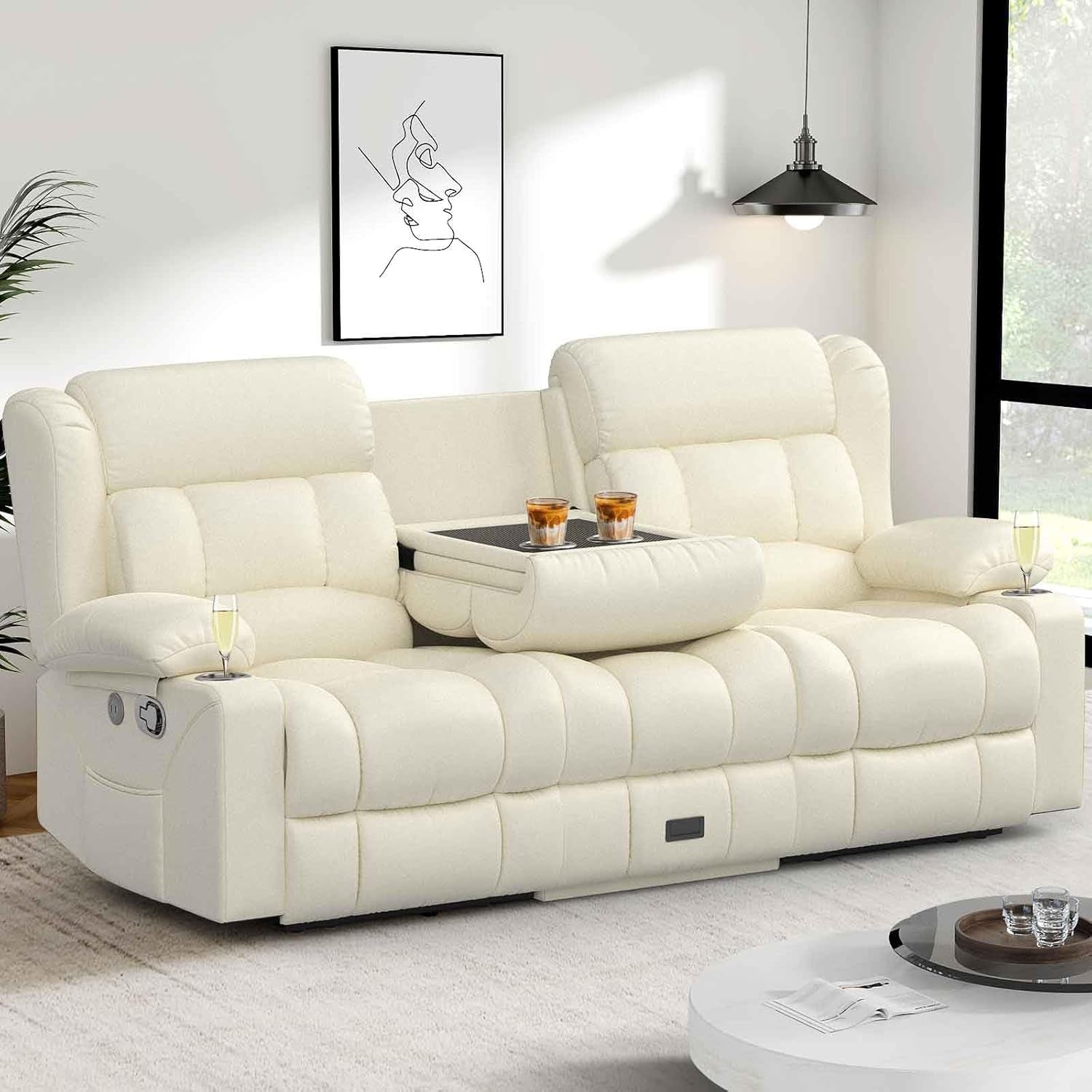 Loveseat Recliner Sofa, Flip Middle Backrest Design PU Leather 3 Seat Reclining Sofa with Storage Drawer, Manual Couch for Living Room (Ivory White, PU)-0