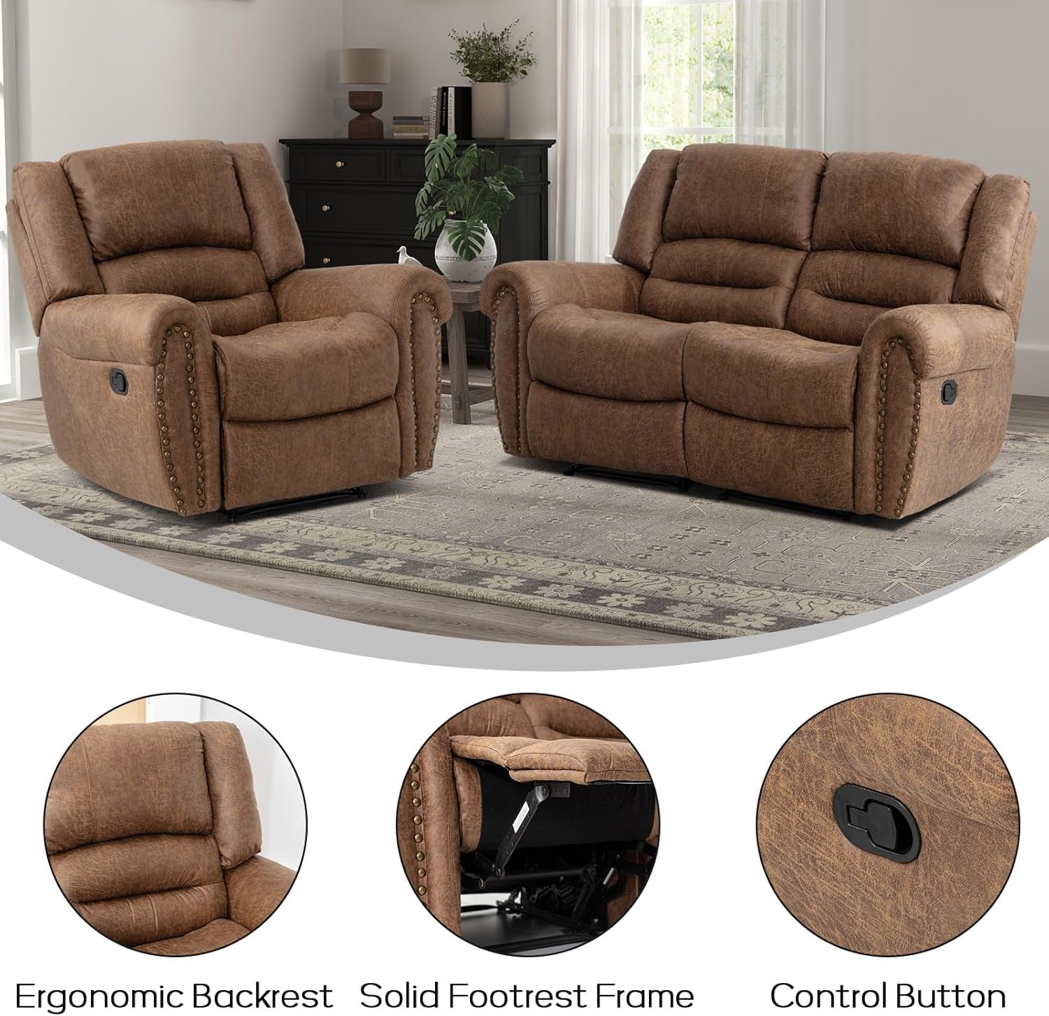 Manual Recliner Sofa Set, Faux Leather Reclining Living Room Set, Included Single Recliner Chair and Loveseat Manual Recliner Sofa, Brown(Recliner+ Loveseat)-2