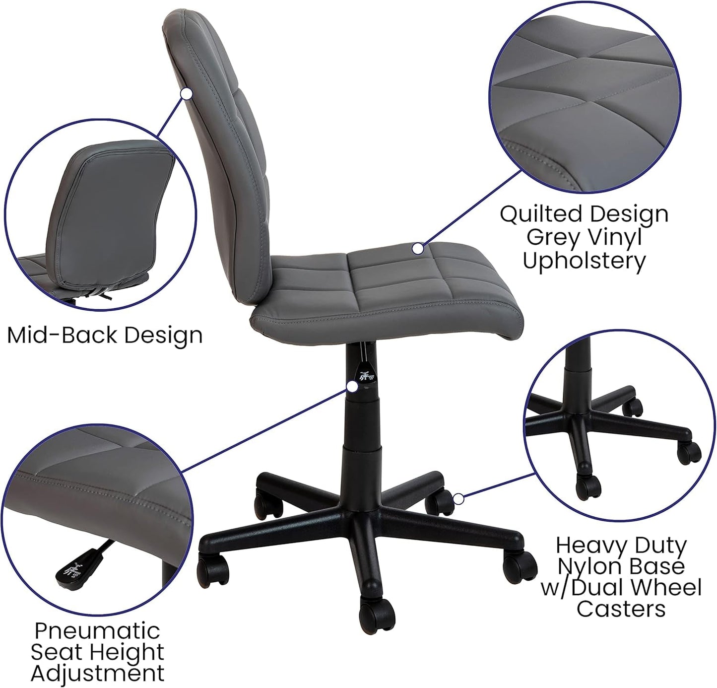 Clayton Mid Back Swivel Task Chair - Gray Vinyl Upholstery - Tufted Back and 360° Swivel-4