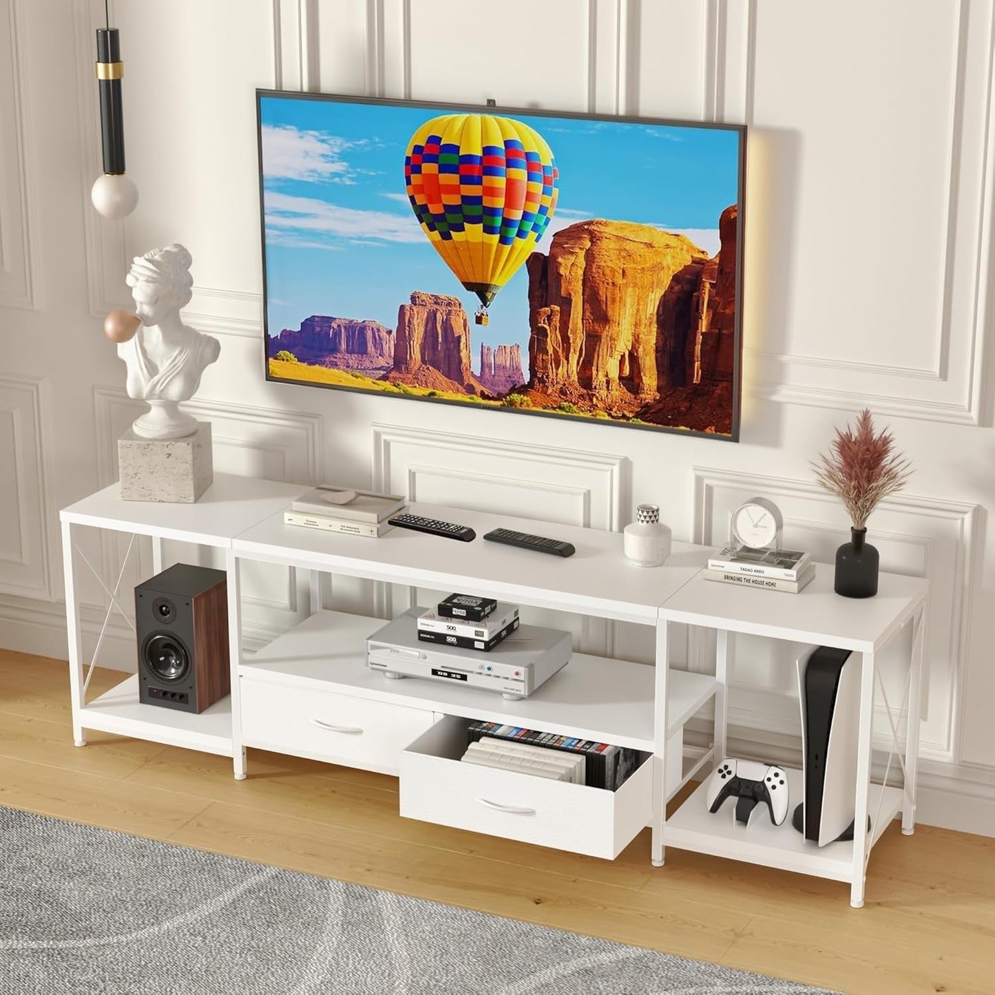 TV Stand with Fabric Drawers for 55 60 65 Inches TV - Entertainment Center and Industrial TV Console Table with Open Storage Shelves for Living Room, Bedroom - 55.1" White-0