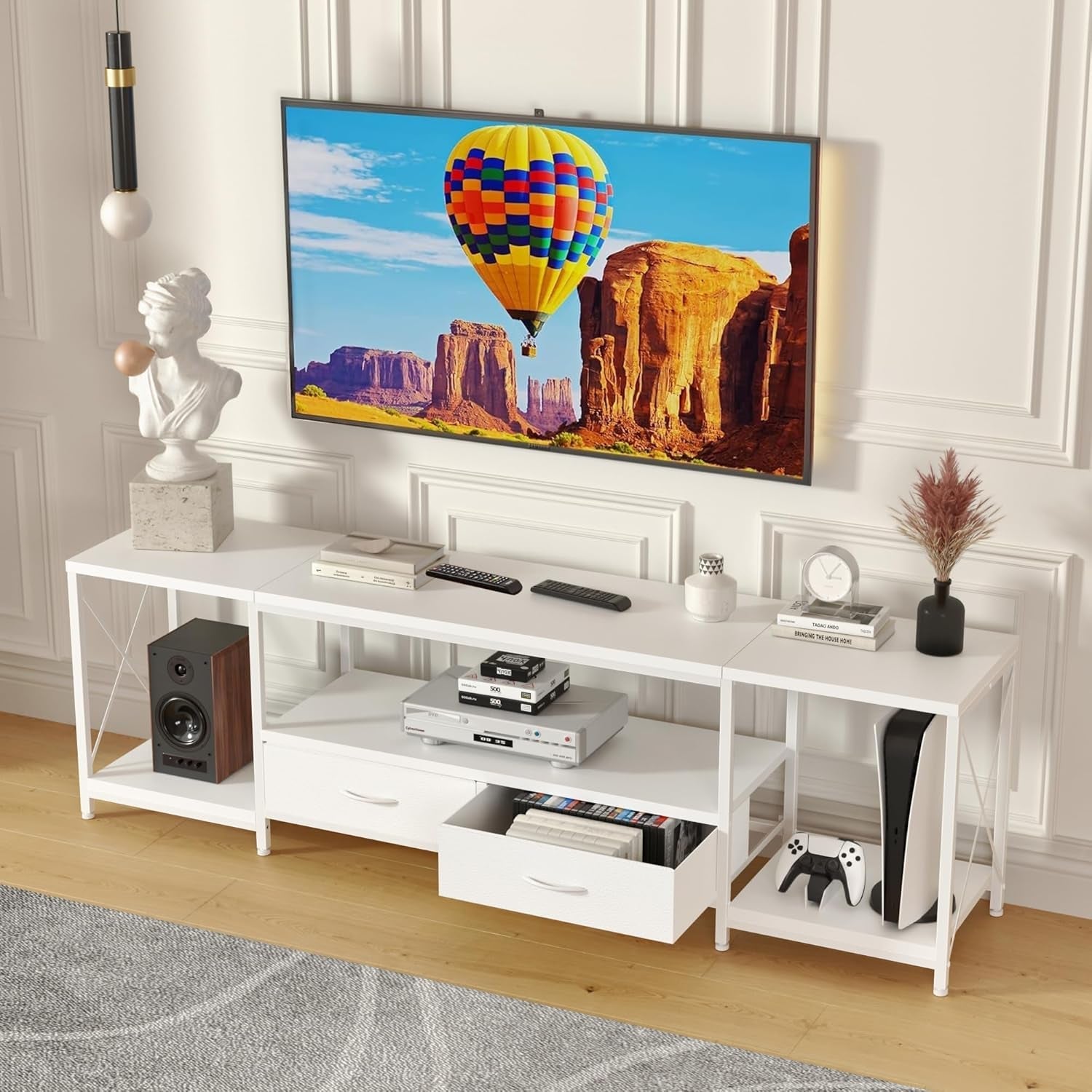 TV Stand with Fabric Drawers for 55 60 65 Inches TV - Entertainment Center and Industrial TV Console Table with Open Storage Shelves for Living Room, Bedroom - 55.1" White-0