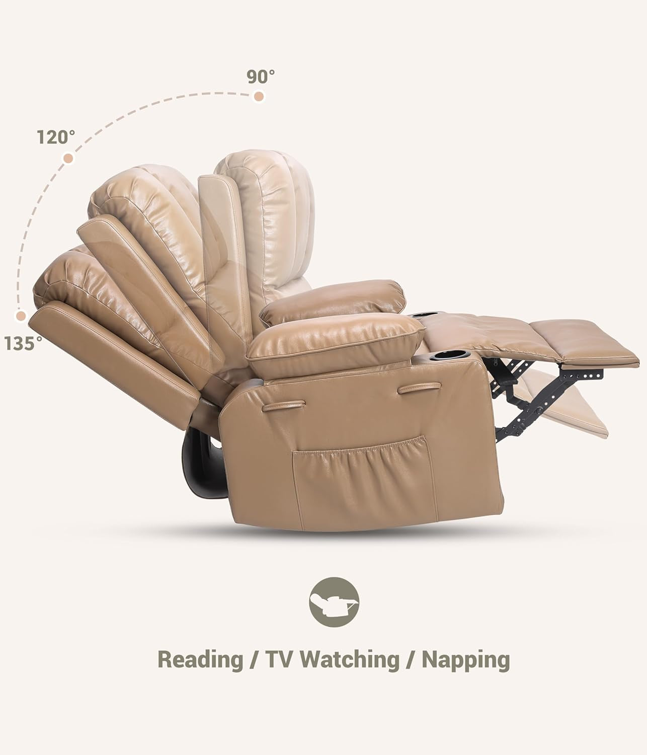 22'' Rocker Swivel Recliner Chair, Lazy Recliner for Adults, with 1.5X Sponge Filling, Side Pocket, and Cup Holder, for Living Room, Bedroom, and Nursery, Tan-4