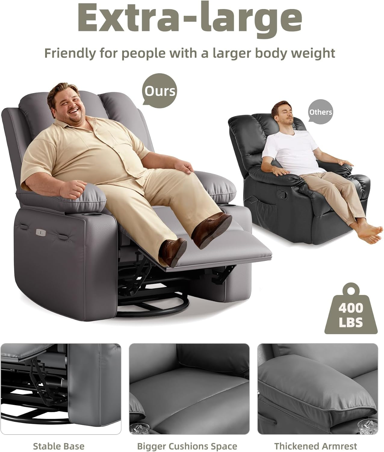 Oversized Power Recliner Chair with Heat and Massage - 360° Swivel Lazy Recliner Chair for Adults, Faux Leather Rocking Chair with Cup Holder for Living Rooms, Bedrooms, and Nurseries - Grey-2