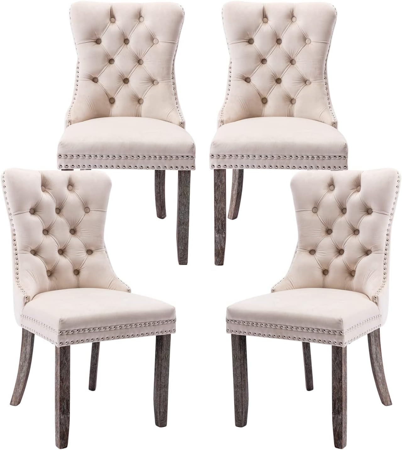 Velvet Upholstered Dining Chairs Set of 4, Wingback Dining Room Chairs with Ring Pull Trim and Button Back, Luxury Tufted Dining Chair for Living Room, Bedroom, Kitchen (Beige)-0