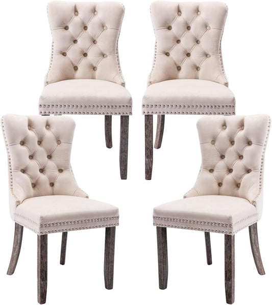 Velvet Upholstered Dining Chairs Set of 4, Wingback Dining Room Chairs with Ring Pull Trim and Button Back, Luxury Tufted Dining Chair for Living Room, Bedroom, Kitchen (Beige)-0