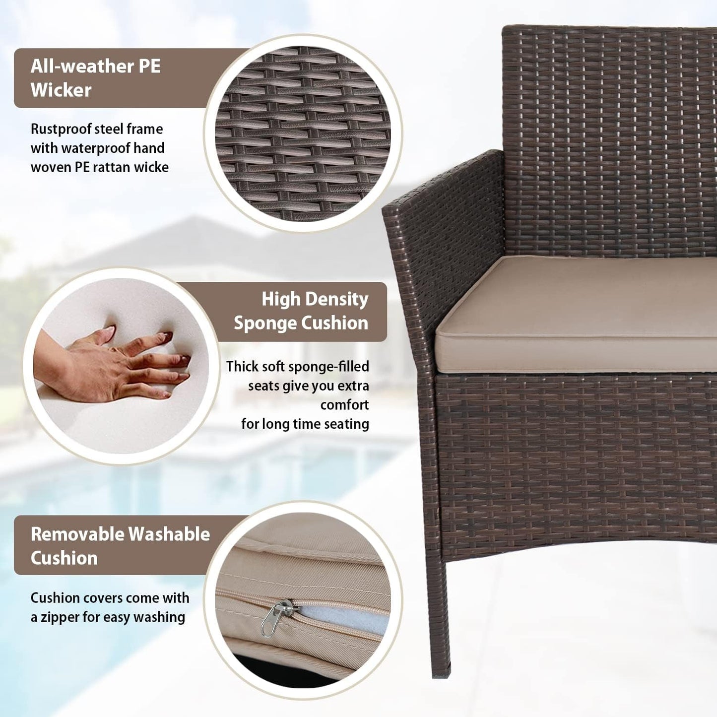 3-Piece Outdoor Wicker Conversation Bistro Set Outdoor Patio Porch Furniture Sets for Yard, Garden with 2 PE Rattan Wicker Chairs, 2 Cushions,1 Coffee Table-3