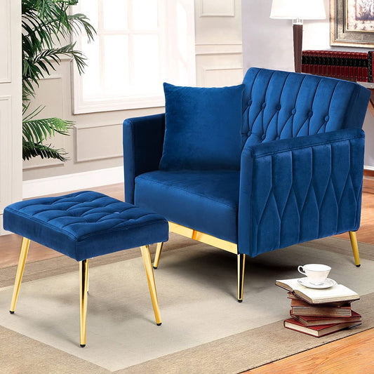 Adjustable Velvet Armchair with Ottoman, Blue-0
