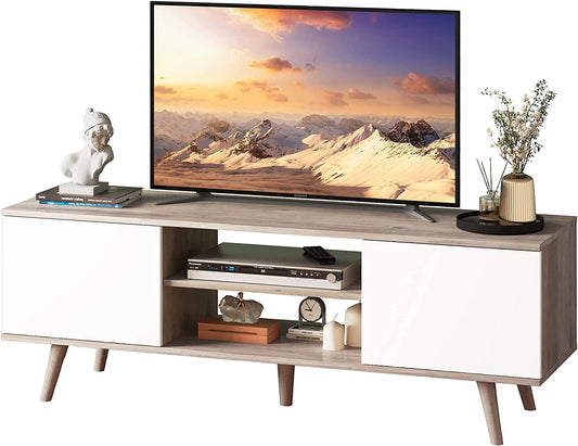 TV Stand for 55 60 Inch TV, Boho Entertainment Center with Storage Cabinets, TV Console for Living Room Decor, Greige White-0