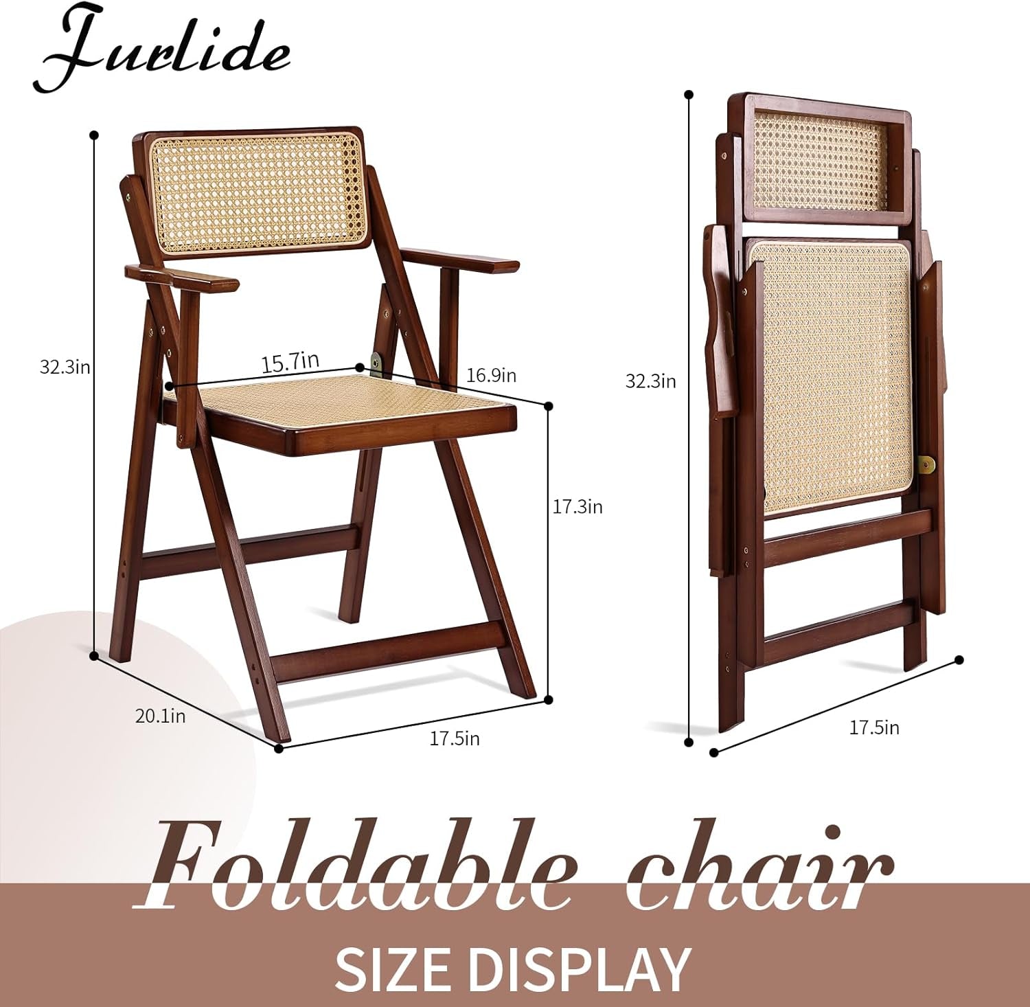 Rattan Folding Dining Chairs Set of 2, Modern Mid Century Dining Chairs with Arms, Outdoor Bamboo Chairs for Bedroom, Living Room, Reading Room, Walnut-2