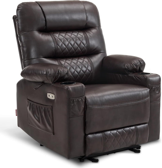 Power Recliner Chair with Heat and Vibration, Cup Holder, USB Port, Extended Footrest, Faux Leather, Electric Reclining Sofa for Living Room PR621 (Dark Brown)-0