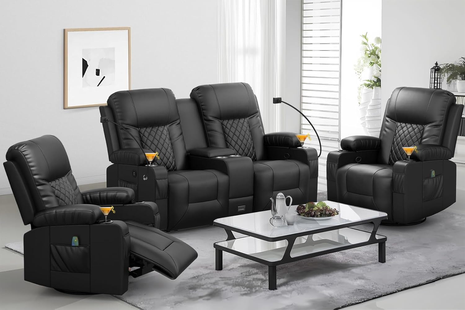 Living Room Furniture Set, Loveseat Recliner and 2PC Massage Recliner Chair, Luxury Reclining Sofa 3PC Set for Living Room (2+1+1)-0