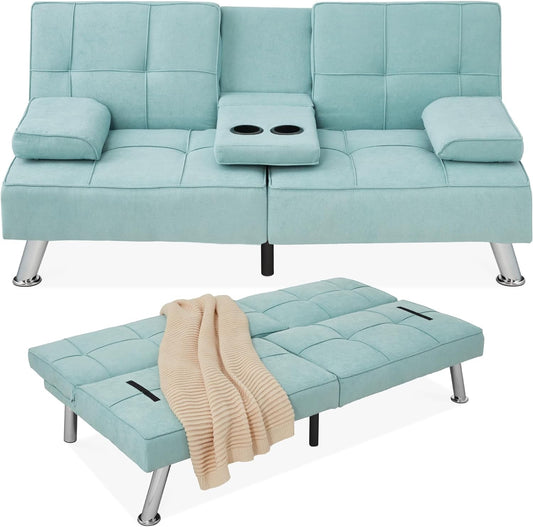 Linen Modern Folding Futon, Reclining Sofa Bed for Apartment, Dorm W/Removable Armrests, 2 Cupholders - Aqua-0