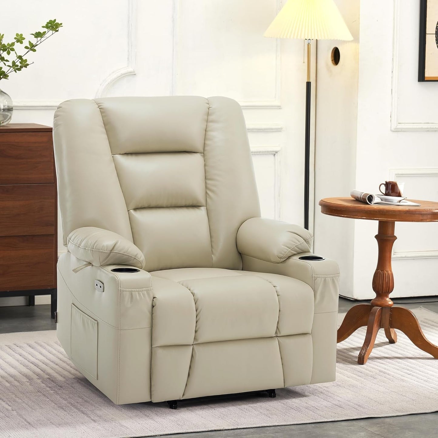 Large Power Lift Recliner Chair with Massage and Heat for Big and Tall Elderly People, Cup Holders, USB Ports, Side Pockets, Faux Leather R7541 (Beige, Large-Wide)-1